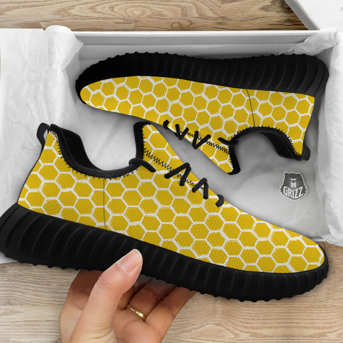 Honeycomb Print Pattern Black Walking Shoes-grizzshop