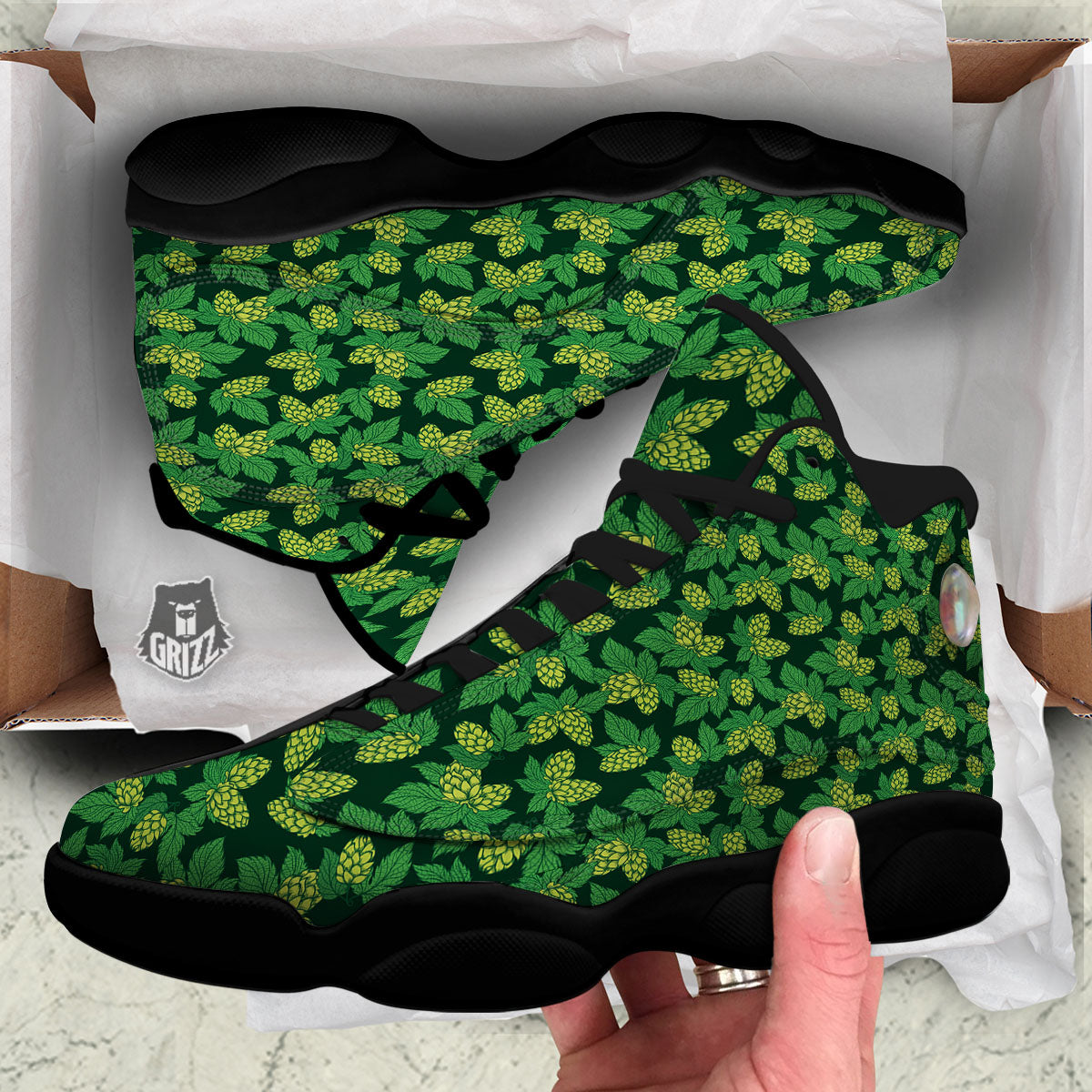 Hop Cone Green Print Pattern Black Basketball Shoes-grizzshop
