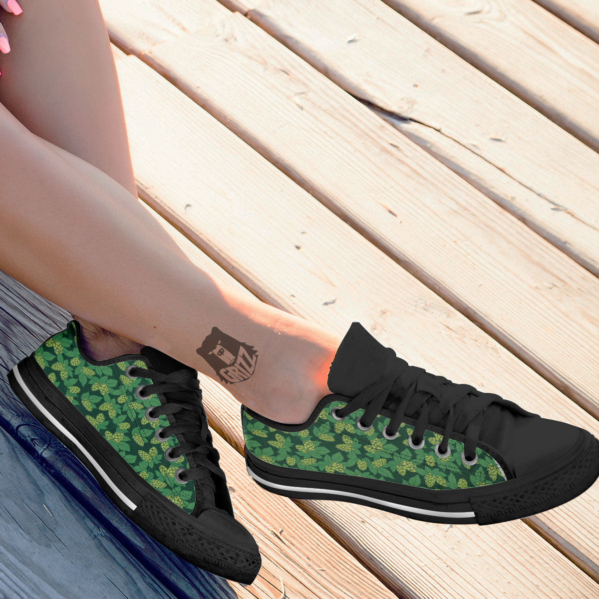 Hop Cone Green Print Pattern Black Low Top Shoes-grizzshop