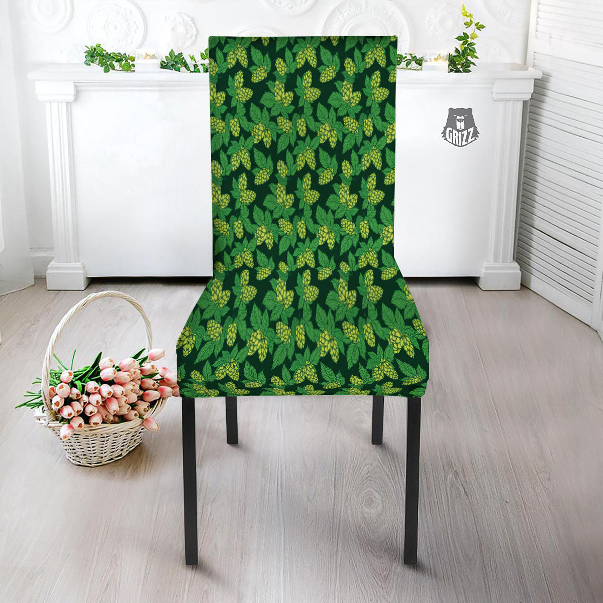 Hop Cone Green Print Pattern Dining Chair Slipcover-grizzshop