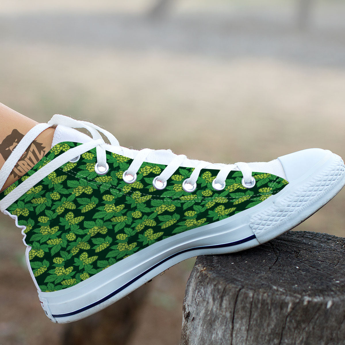 Hop Cone Green Print Pattern White High Top Shoes-grizzshop