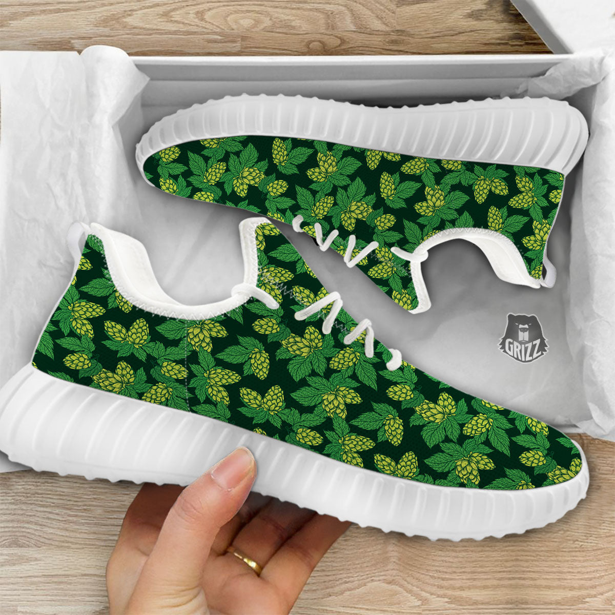 Hop Cone Green Print Pattern White Walking Shoes-grizzshop