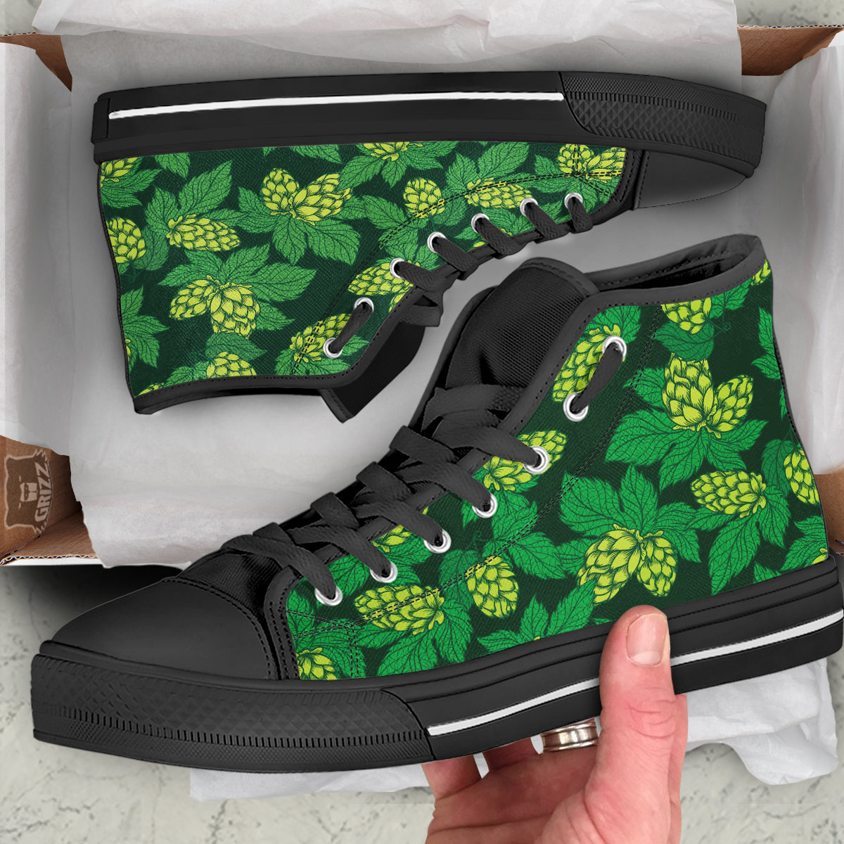 Hop Cone Vintage Print Pattern Black High Top Shoes-grizzshop