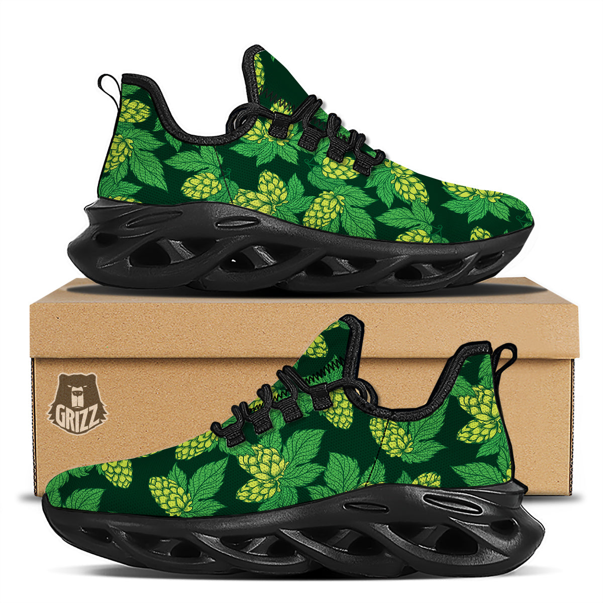 Hop Cone Vintage Print Pattern Black Running Shoes-grizzshop