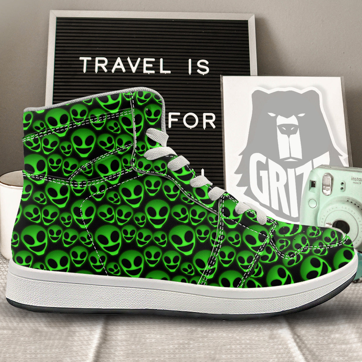Horror Alien Green Neon Print Pattern High Top Sneakers-grizzshop