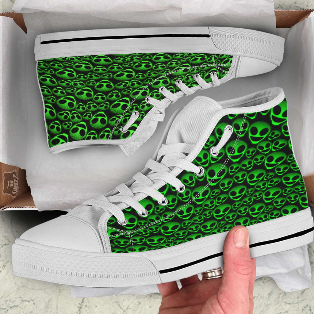 Horror Alien Green Neon Print Pattern White High Top Shoes-grizzshop