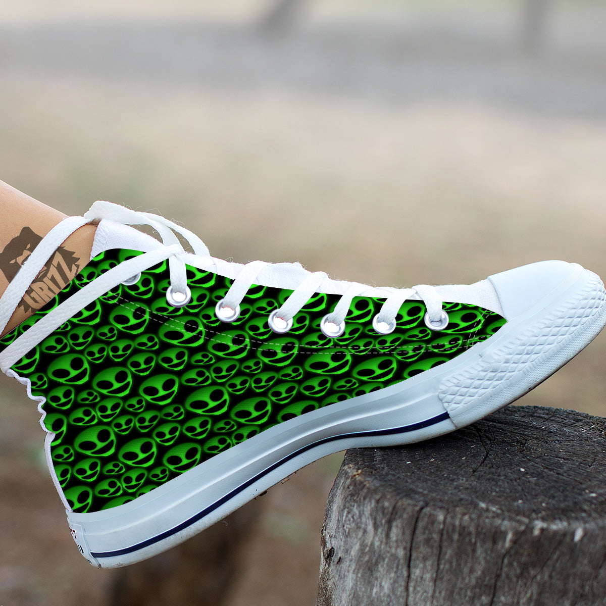 Horror Alien Green Neon Print Pattern White High Top Shoes-grizzshop