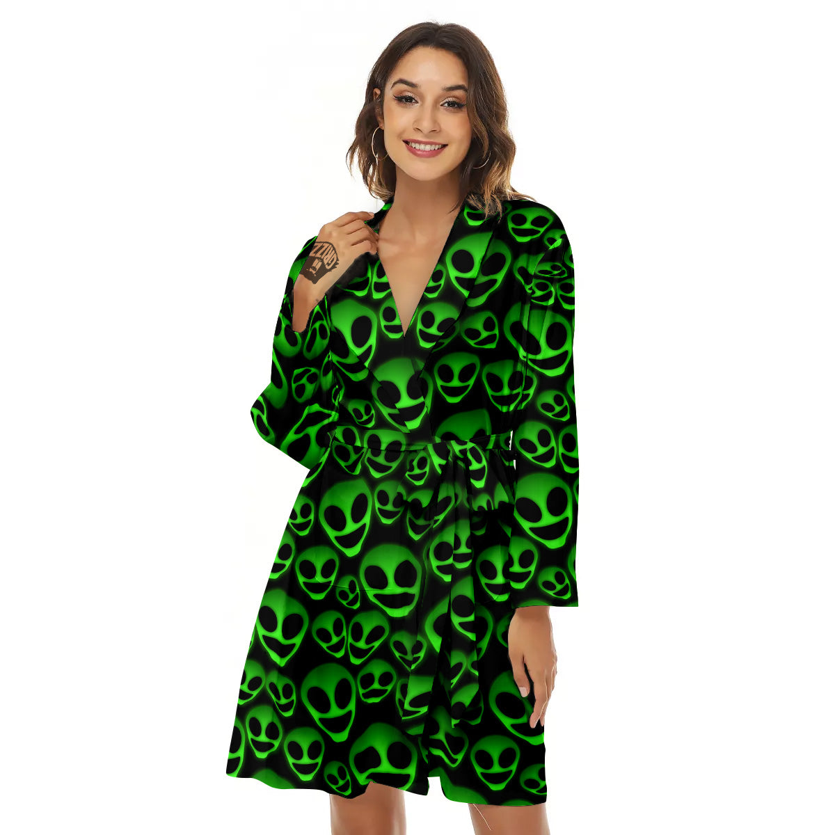 Horror Alien Green Neon Print Pattern Women's Robe-grizzshop