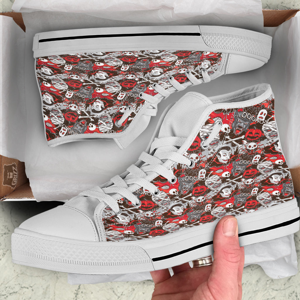Horror Monsters Halloween Print Pattern White High Top Shoes-grizzshop