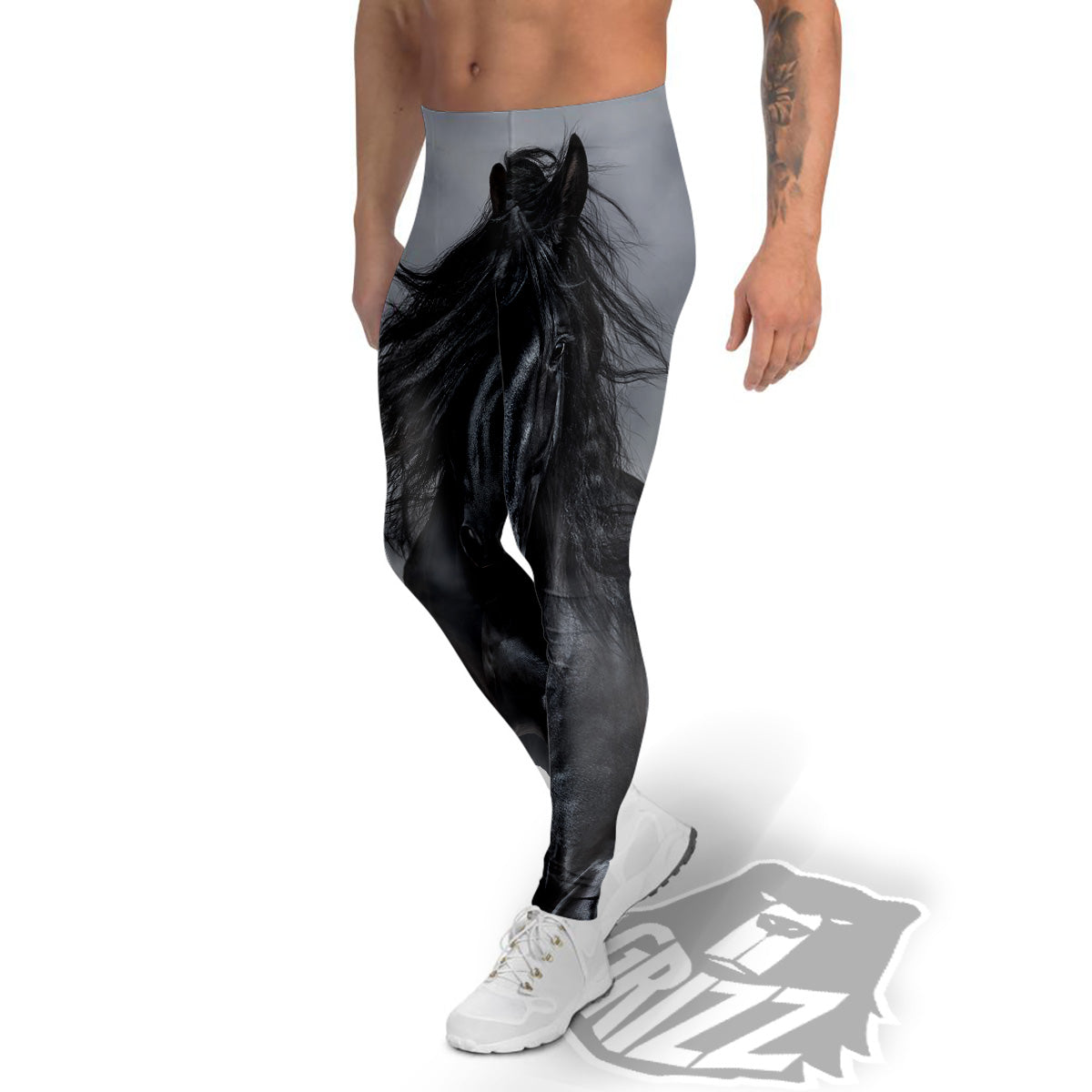 Horse Black Stallion Print Men's Leggings-grizzshop