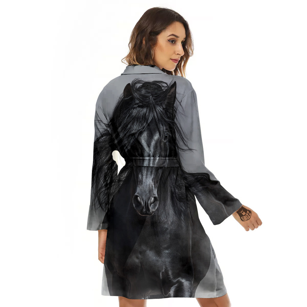 Horse Black Stallion Print Women's Robe-grizzshop