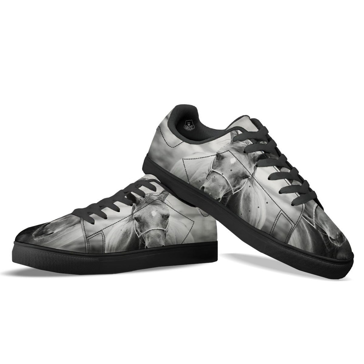 Horse Monochrome Print Black Low Top Sneakers-grizzshop