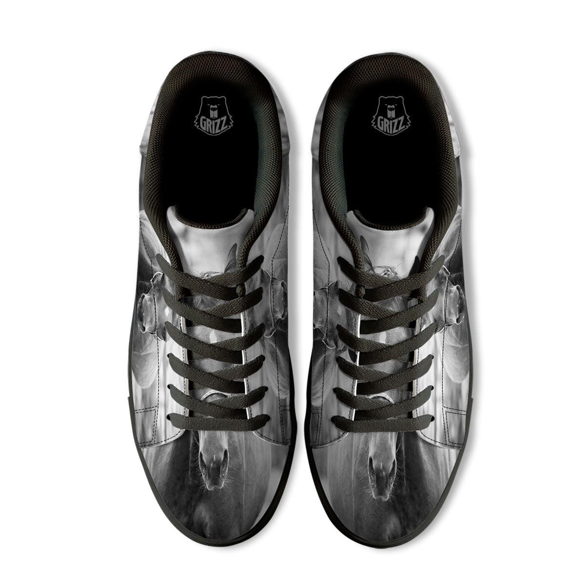 Horse Monochrome Print Black Low Top Sneakers-grizzshop