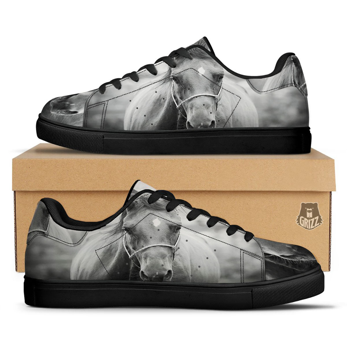 Horse Monochrome Print Black Low Top Sneakers-grizzshop