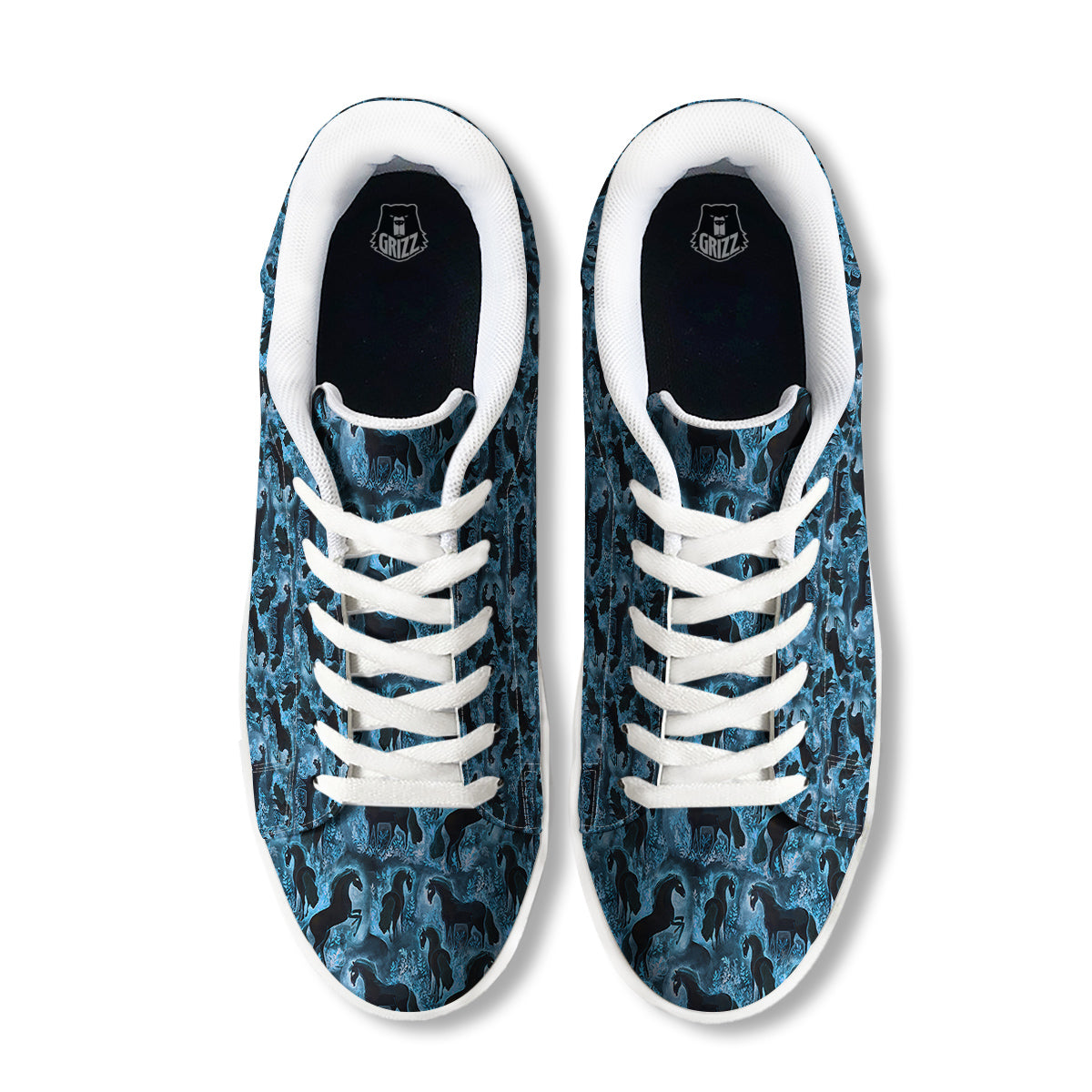 Horse Painting Dark Blue Print White Low Top Sneakers-grizzshop