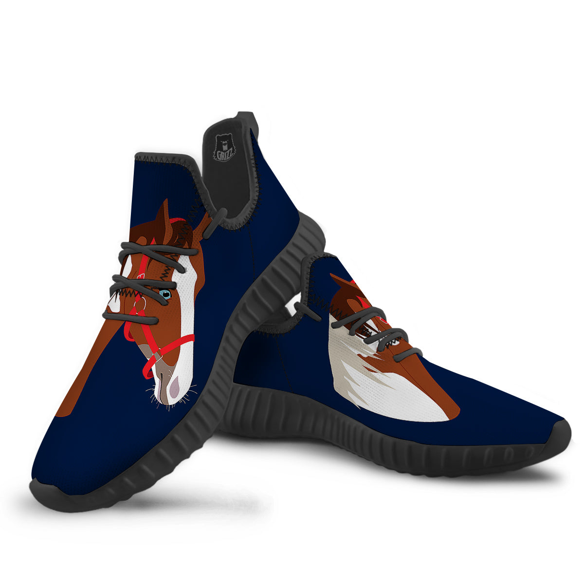 Horse Portrait Dark Blue Print Black Walking Shoes-grizzshop
