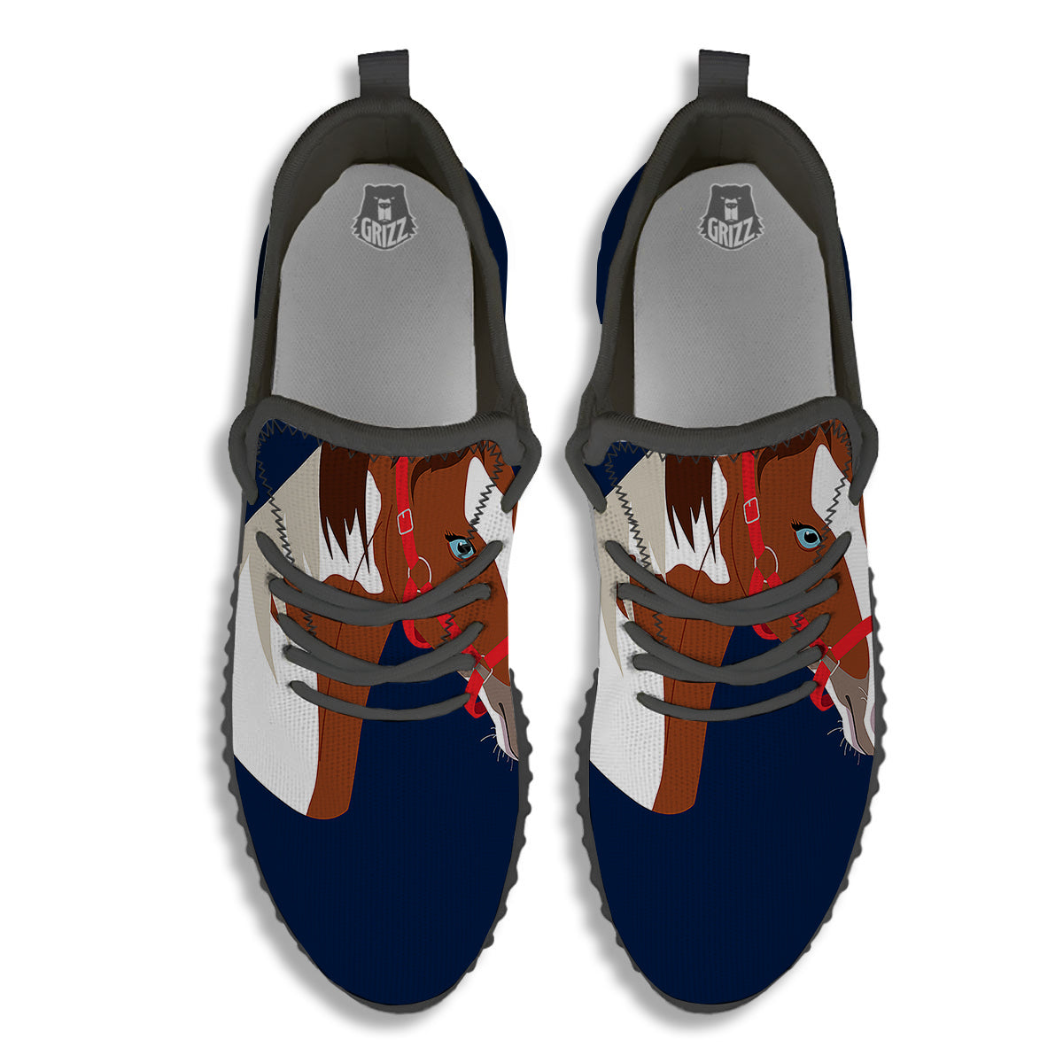 Horse Portrait Dark Blue Print Black Walking Shoes-grizzshop