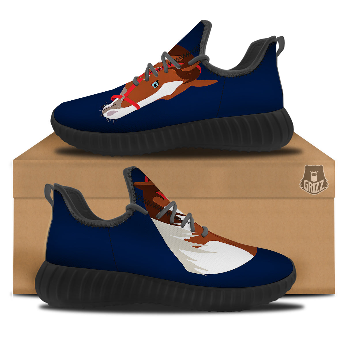 Horse Portrait Dark Blue Print Black Walking Shoes-grizzshop