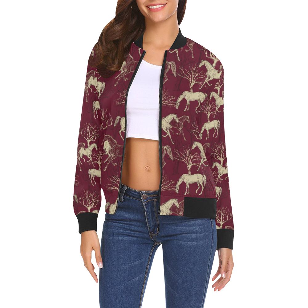 Horse Print Pattern Women Casual Bomber Jacket-grizzshop