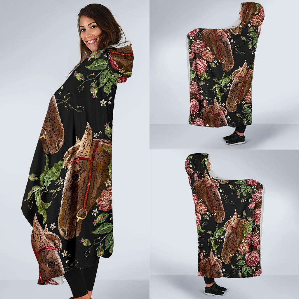 Horse Rose Pattern Print Hooded Blanket-grizzshop