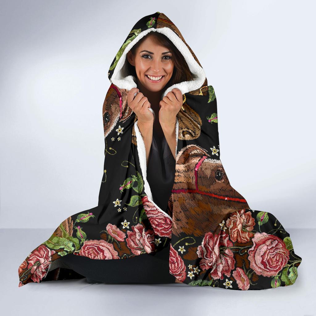 Horse Rose Pattern Print Hooded Blanket-grizzshop