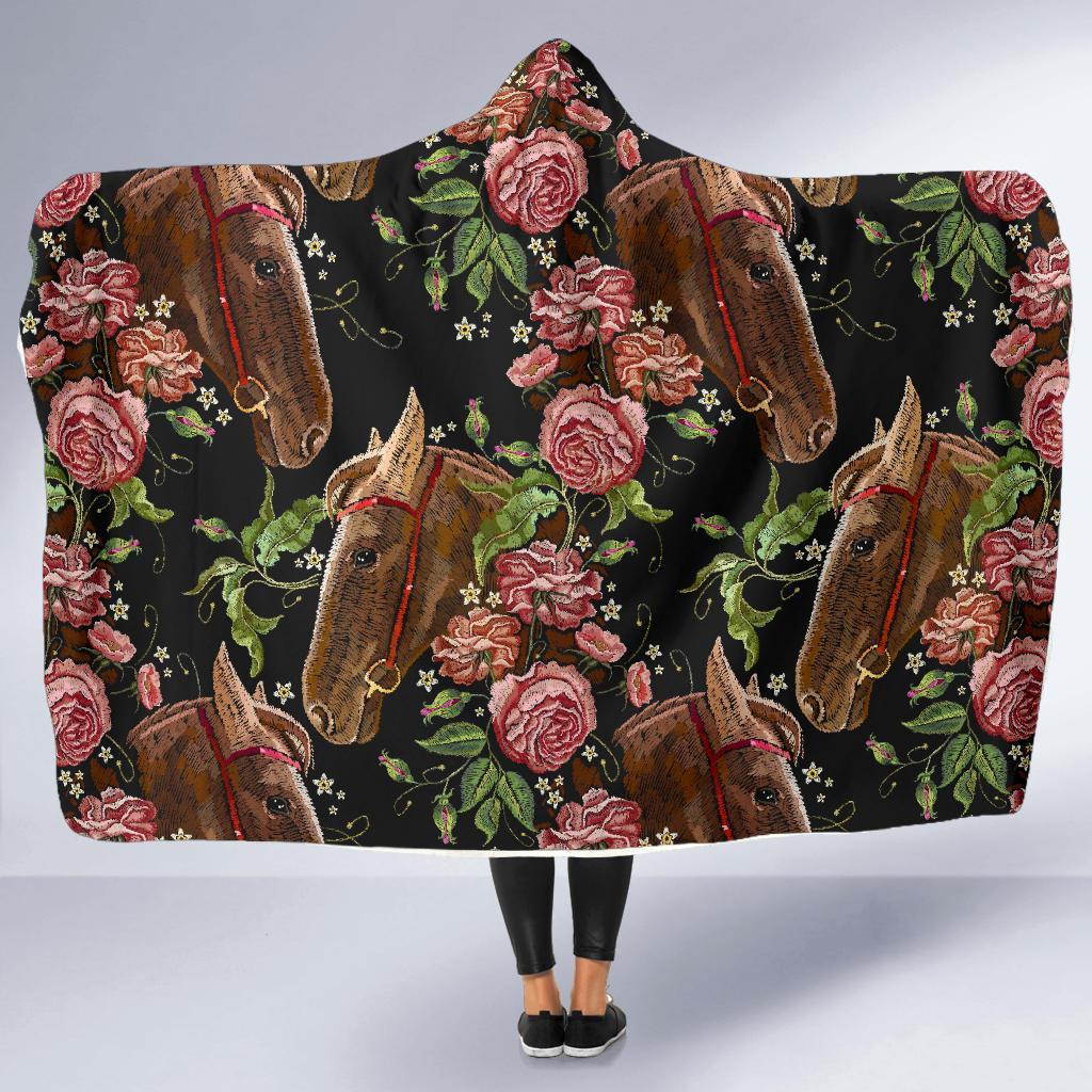 Horse Rose Pattern Print Hooded Blanket-grizzshop