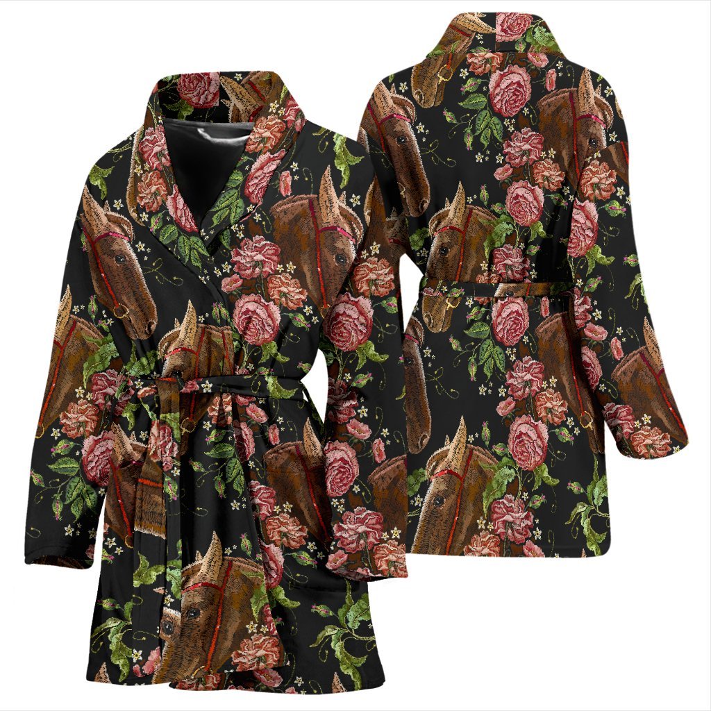 Horse Rose Pattern Print Women Long Robe-grizzshop