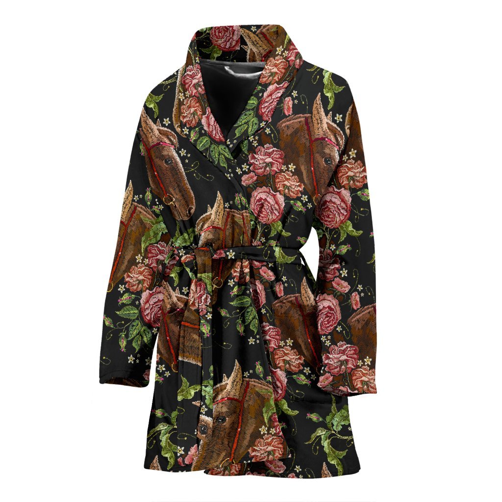 Horse Rose Pattern Print Women Long Robe-grizzshop