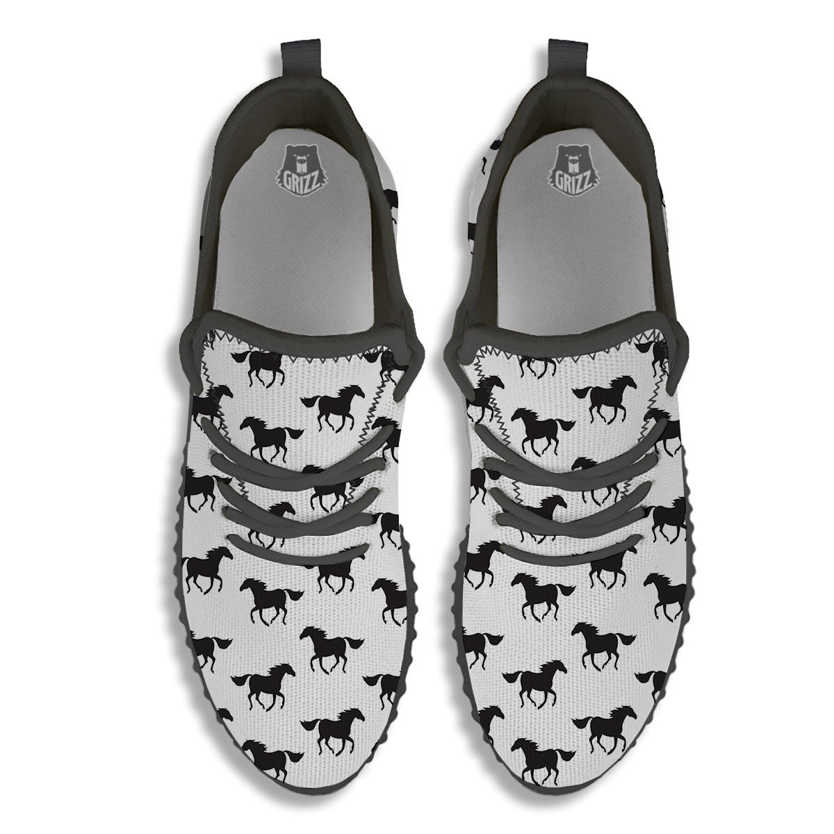 Horse White And Black Print Pattern Black Walking Shoes-grizzshop
