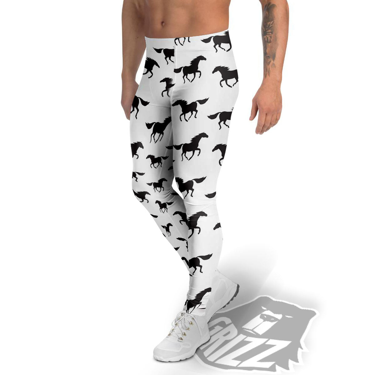 Horse White And Black Print Pattern Men's Leggings-grizzshop