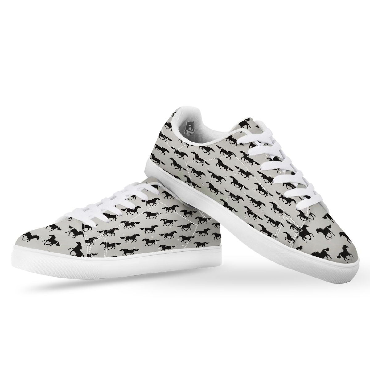 Horse White And Black Print Pattern White Low Top Sneakers-grizzshop