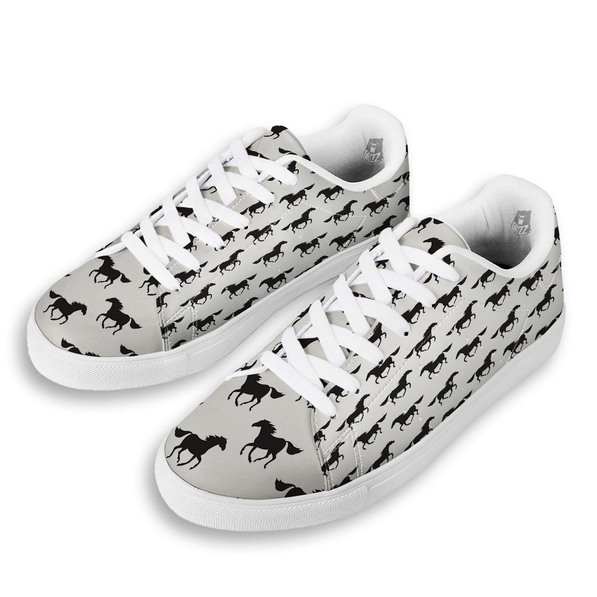 Horse White And Black Print Pattern White Low Top Sneakers-grizzshop