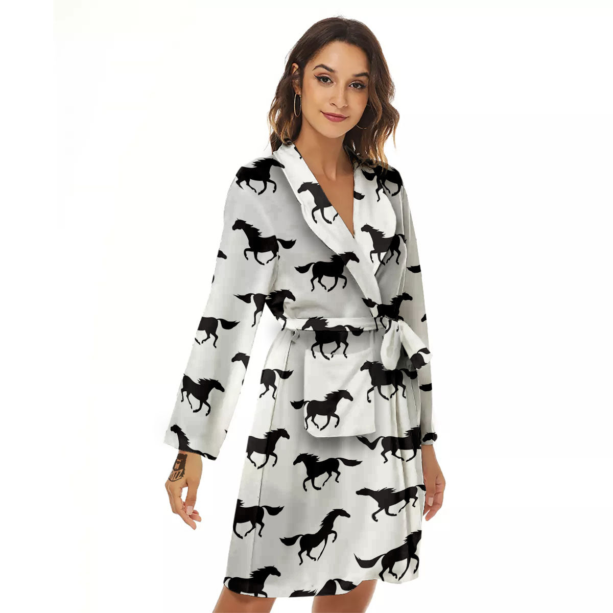 Horse White And Black Print Pattern Women's Robe-grizzshop