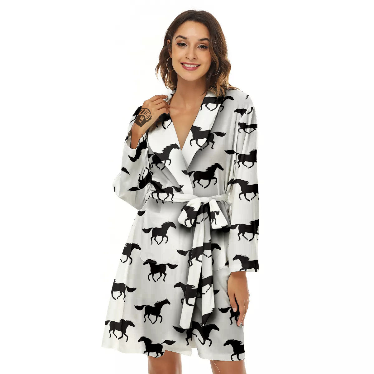 Horse White And Black Print Pattern Women's Robe-grizzshop