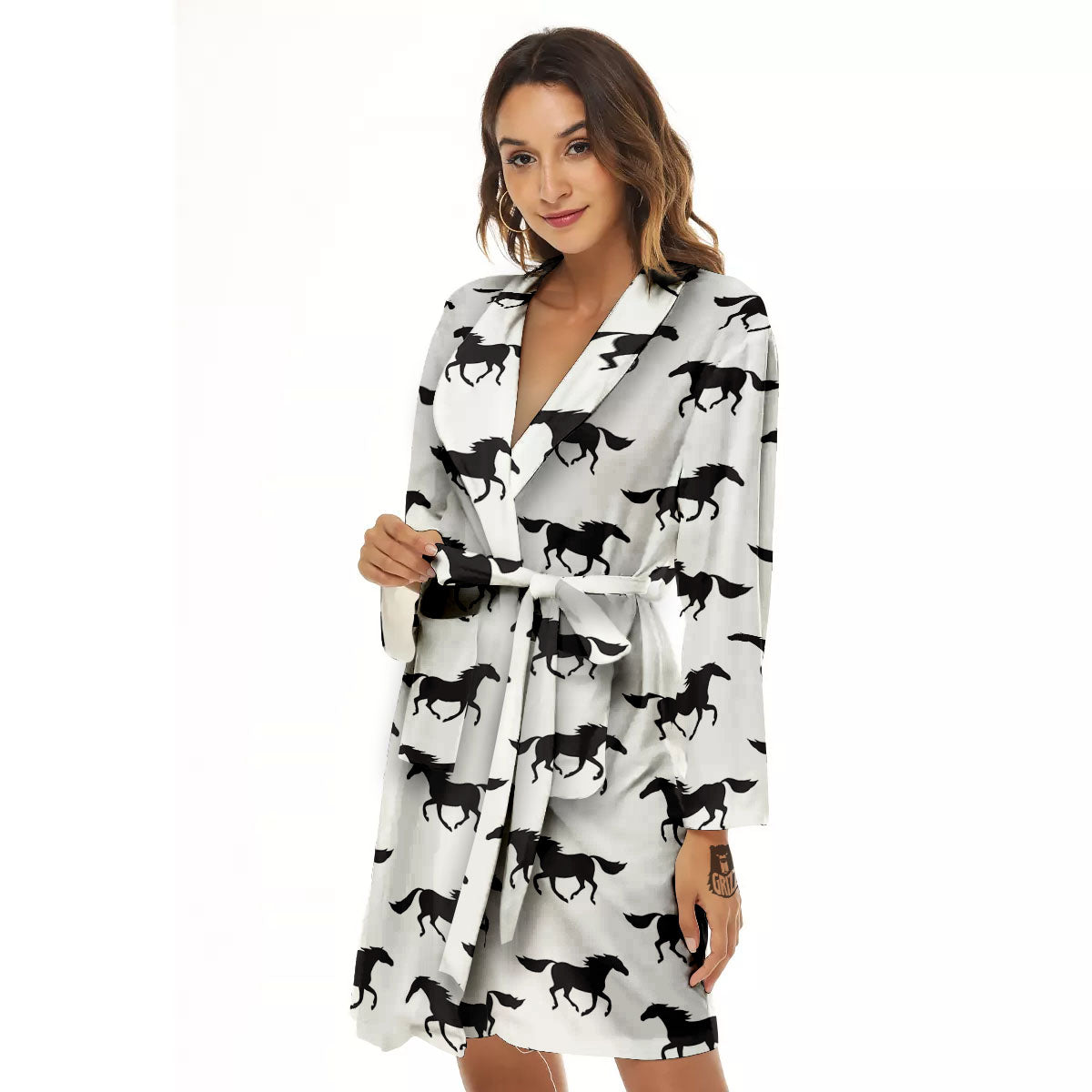 Horse White And Black Print Pattern Women's Robe-grizzshop