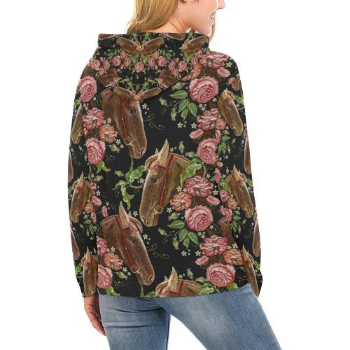 Horse Rose Pattern Print Women Pullover Hoodie-grizzshop