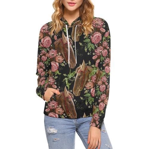 Horse Rose Pattern Print Women Pullover Hoodie-grizzshop