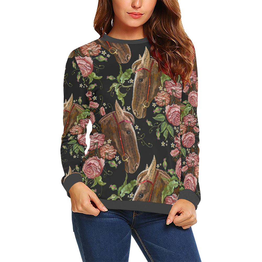 Horse Rose Pattern Print Women's Sweatshirt-grizzshop