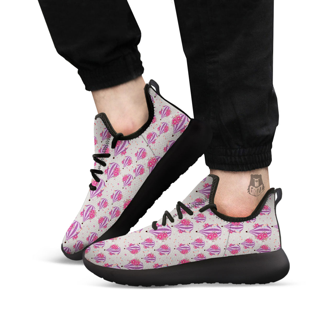 Hot Air Balloon Floral Print Pattern Black Athletic Shoes-grizzshop