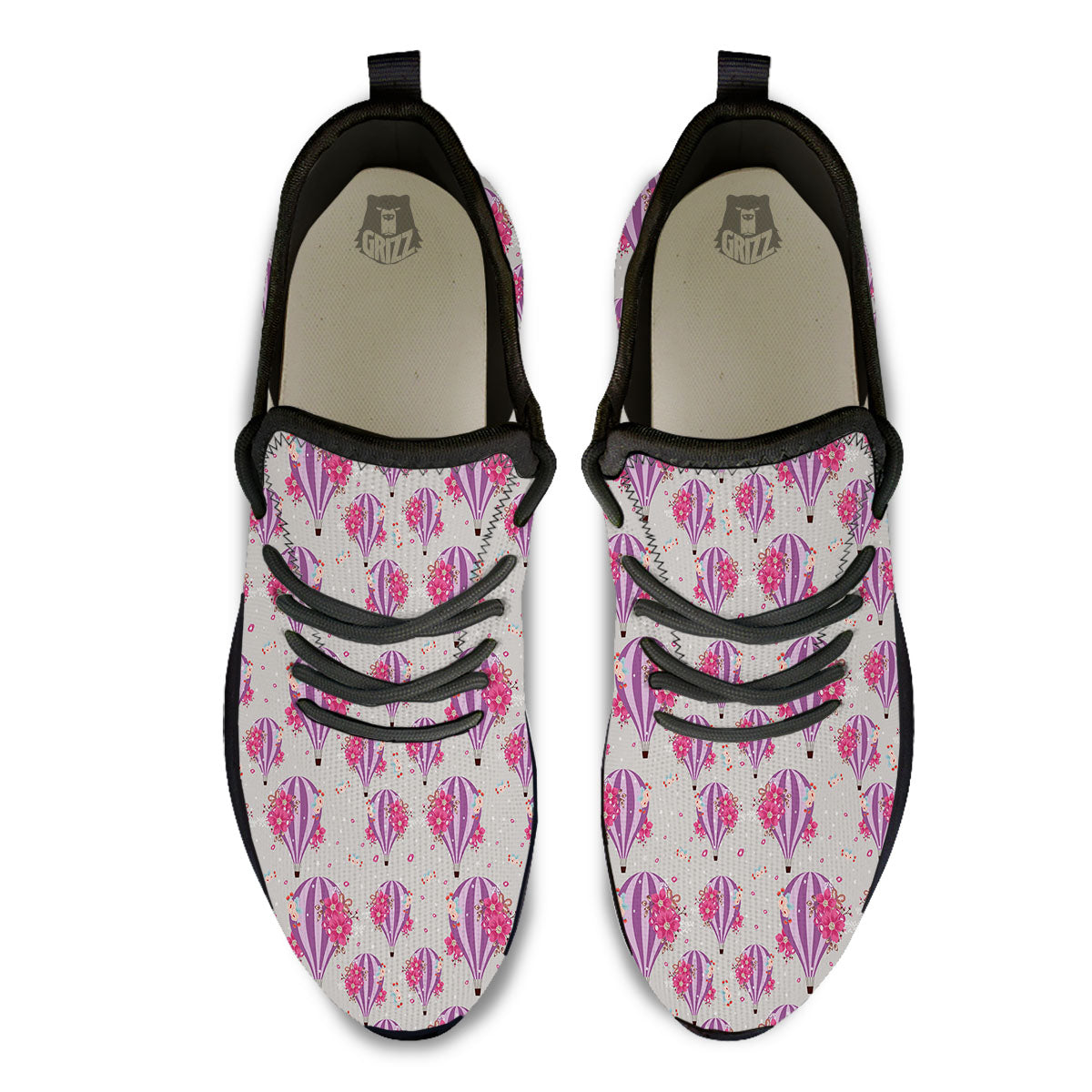Hot Air Balloon Floral Print Pattern Black Athletic Shoes-grizzshop