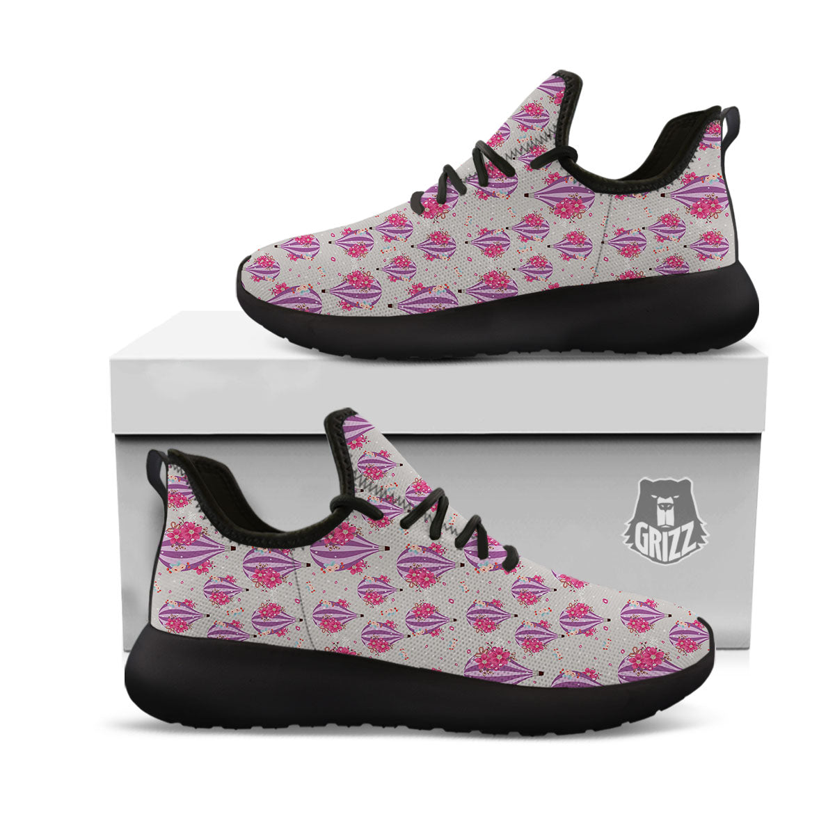 Hot Air Balloon Floral Print Pattern Black Athletic Shoes-grizzshop