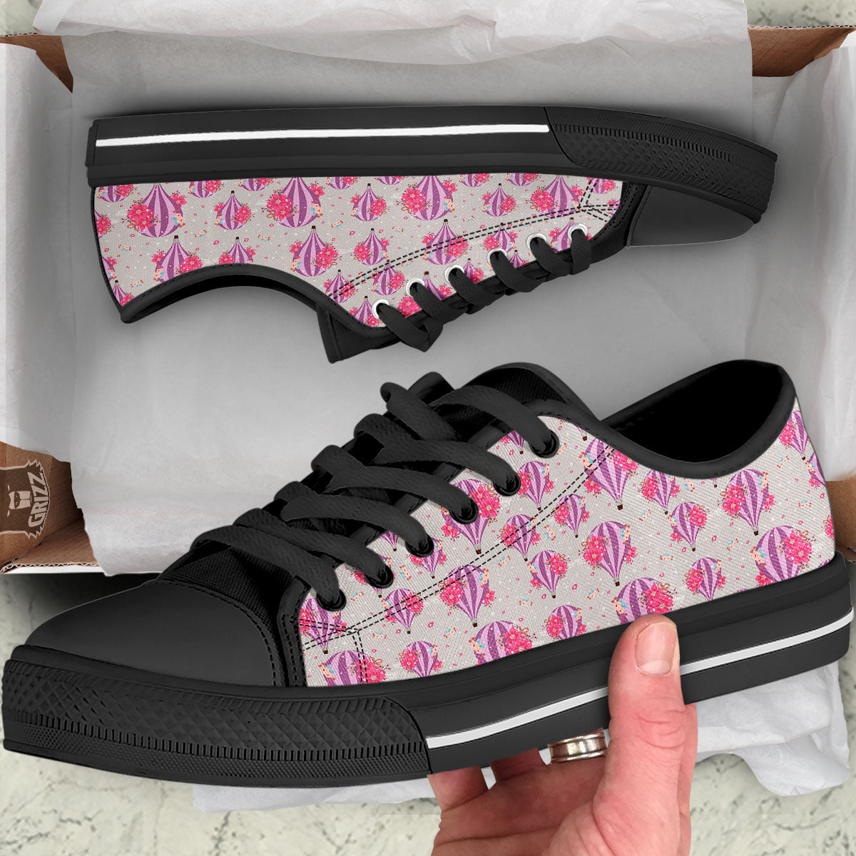 Hot Air Balloon Floral Print Pattern Black Low Top Shoes-grizzshop