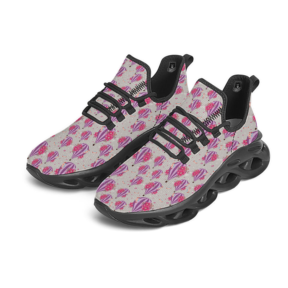 Hot Air Balloon Floral Print Pattern Black Running Shoes-grizzshop