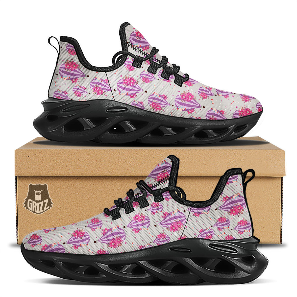 Hot Air Balloon Floral Print Pattern Black Running Shoes-grizzshop