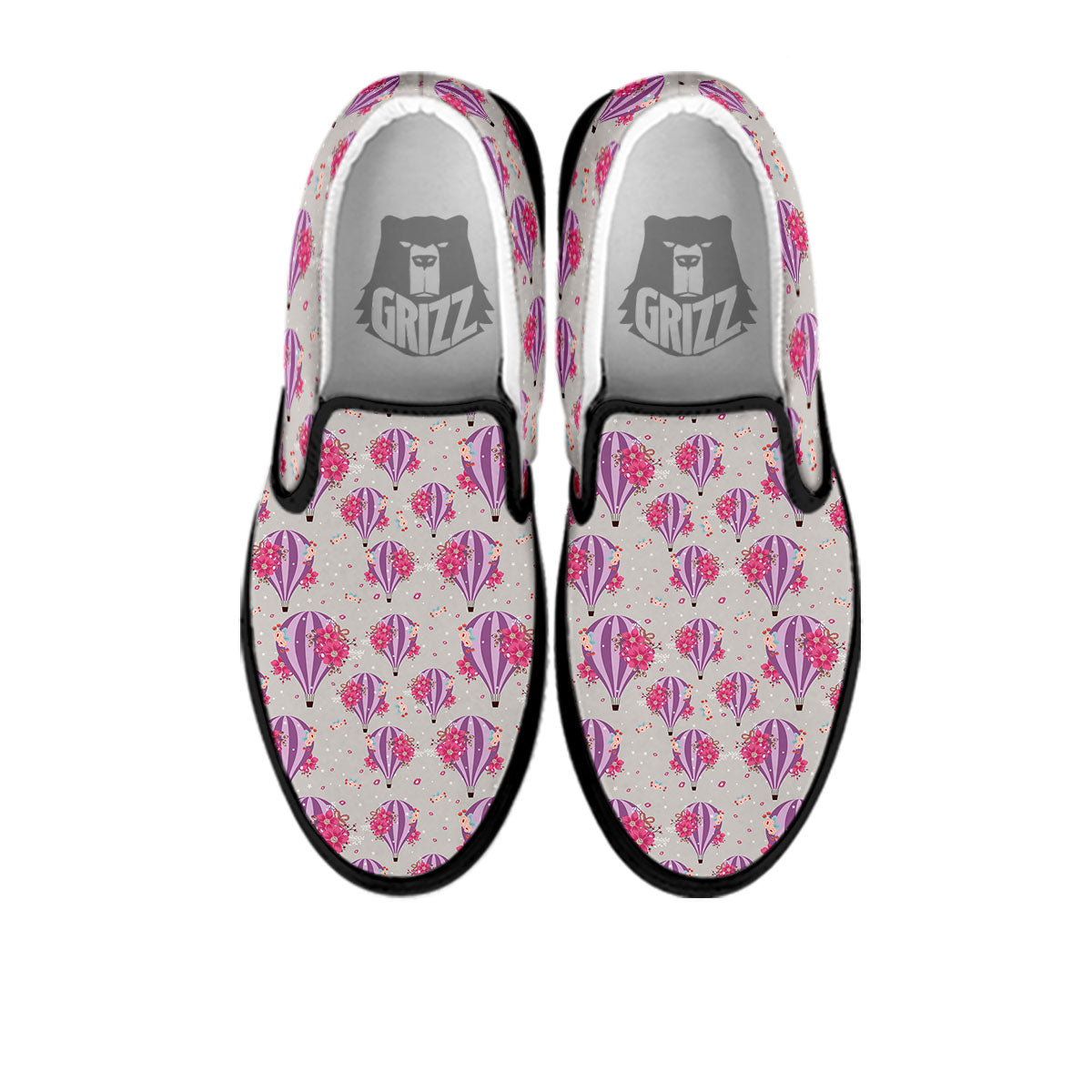 Hot Air Balloon Floral Print Pattern Black Slip On Shoes-grizzshop