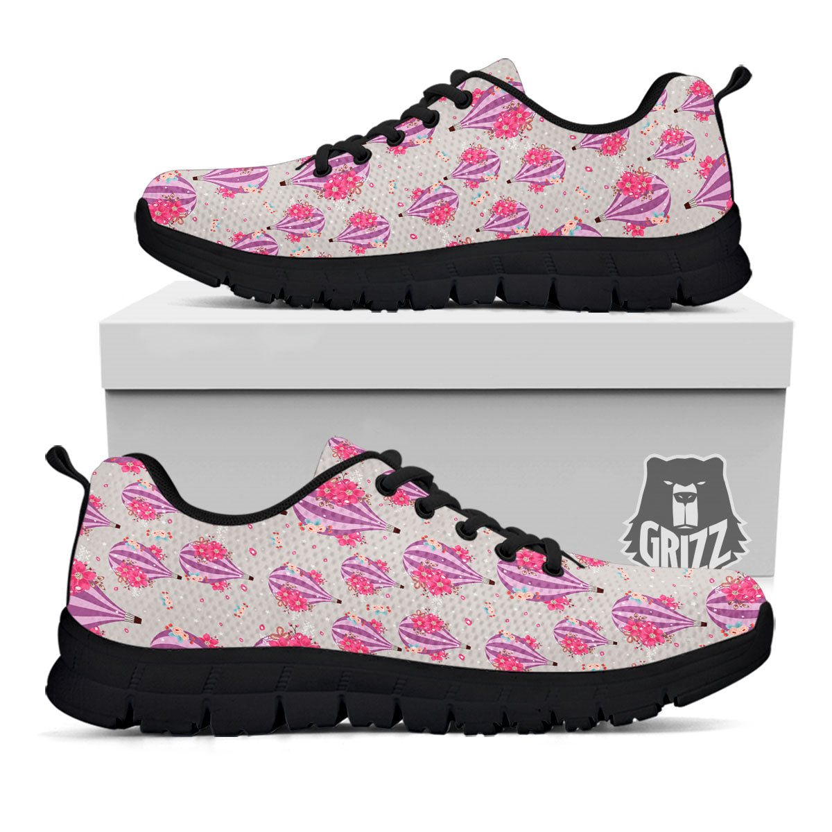 Hot Air Balloon Floral Print Pattern Black Sneaker-grizzshop