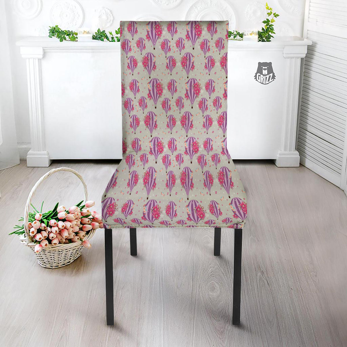 Hot Air Balloon Floral Print Pattern Dining Chair Slipcover-grizzshop