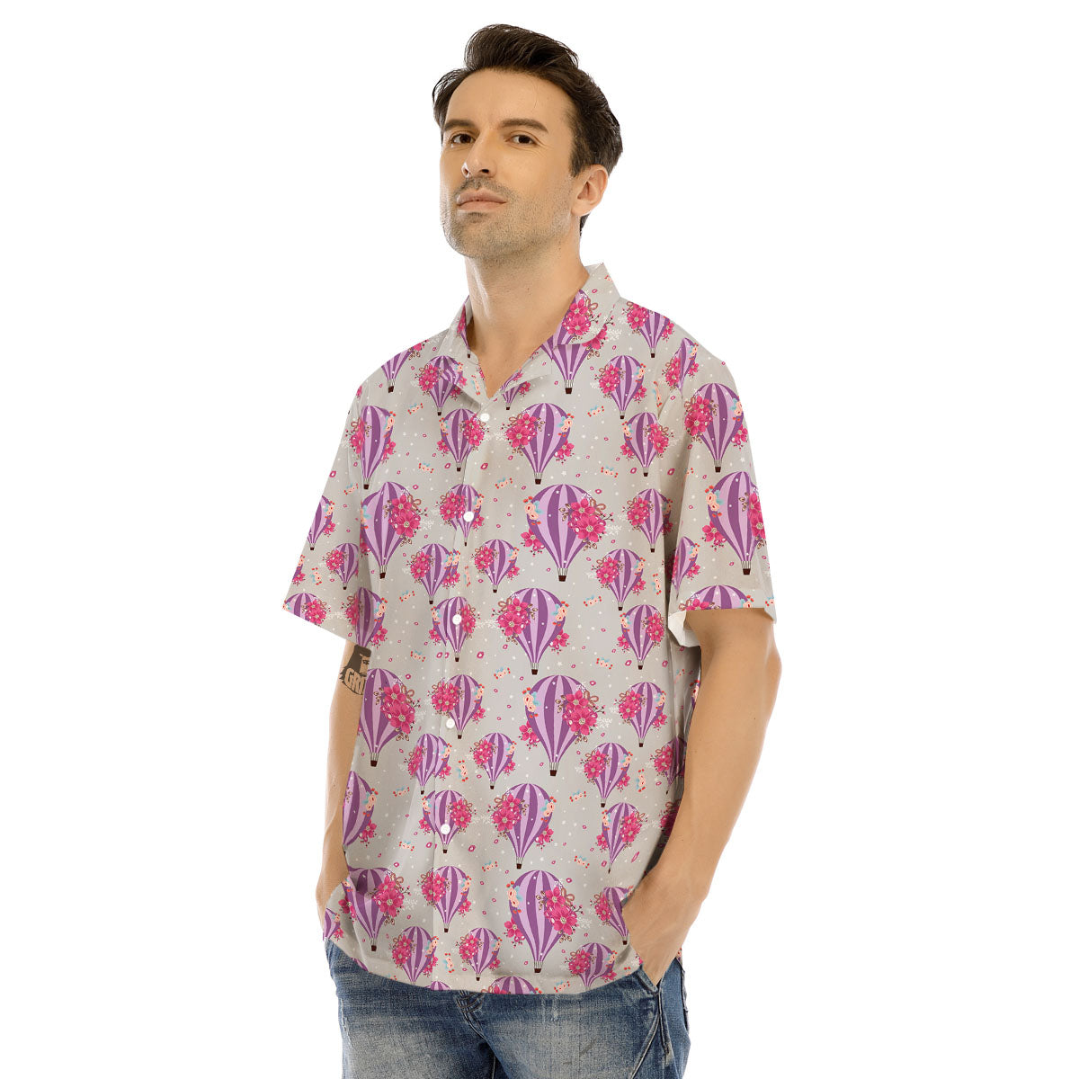 Hot Air Balloon Floral Print Pattern Men's Hawaiian Shirt-grizzshop