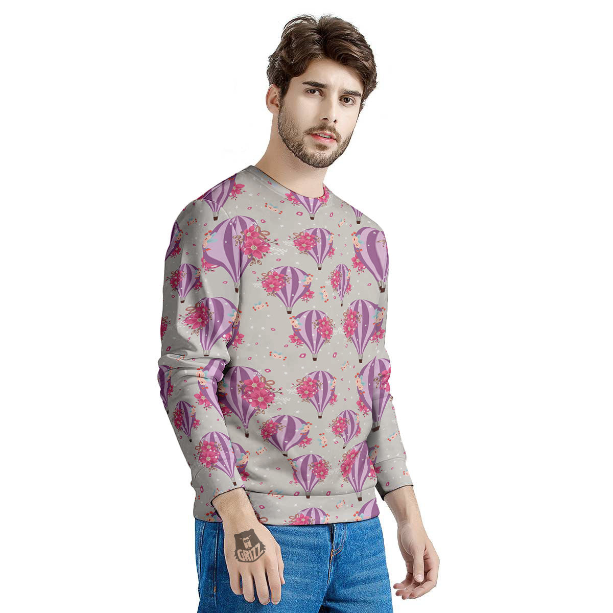 Hot Air Balloon Floral Print Pattern Men's Sweatshirt-grizzshop
