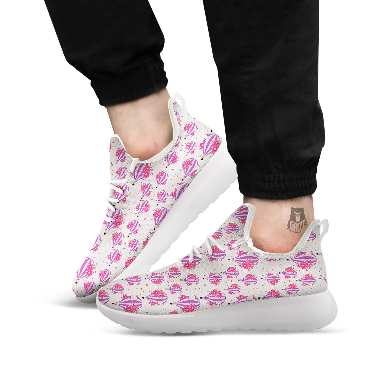 Hot Air Balloon Floral Print Pattern White Athletic Shoes-grizzshop